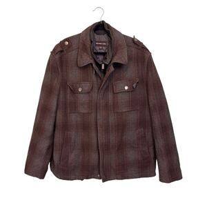 Michael Kors Jacket Mens XL Brown Plaid Wool Collared Full Zip Quilted Lined